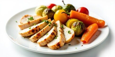 Sliced grilled chicken breast served with roasted vegetables on a white plate