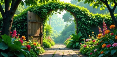 Serene Garden Path Unveiled by an Open Wooden Door in a Lush Green Archway