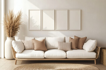 Modern Scandinavian Living Room with White Picture Frame Mockup Gallery Above Linen Sofa