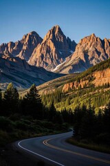 Naklejka premium a view of a winding road with a mountain in the background
