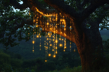 Obraz premium Magical glowing tree with hanging lights in a serene nighttime landscape