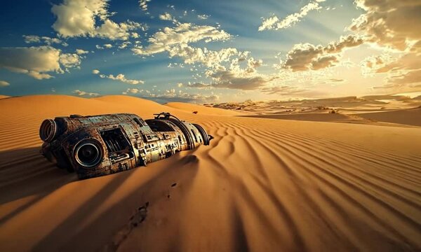 Sunlit desert scene featuring a crashed spacecraft half-buried in the golden sand dunes.