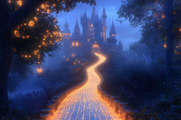 Fototapeta premium Majestic castle illuminated by glowing pathway at night under a starry sky