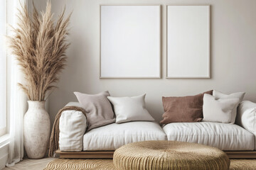 Modern Scandinavian Living Room with White Picture Frame Mockup Gallery Above Linen Sofa