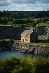 Obraz premium there is a small yellow building on the side of a hill