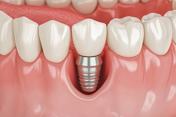 Dental implants displayed in a model of a human jaw demonstrating oral health and restoration procedures