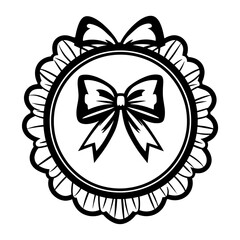 Obraz premium Simple badge with bow ribbon on outline icon linear illustration stencil emblem vector