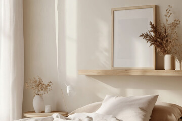 Nordic-Inspired Bedroom with Floating Wooden Shelf and White Picture Frame Mockup