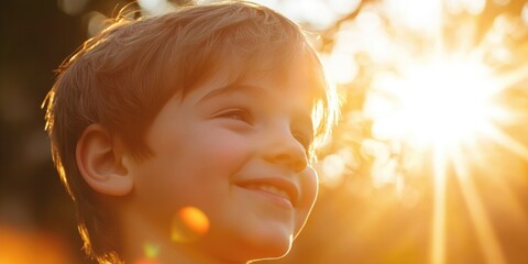 Fototapeta premium Lens-Flare. Smiling Child Boy Enjoying Bright Spring Day in Outdoor Backlight