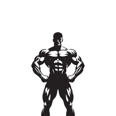 A man with a muscular build is standing in a black and white photo. He is flexing his biceps and is wearing a black shirt