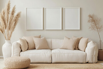 Modern Scandinavian Living Room with White Picture Frame Mockup Gallery Above Linen Sofa