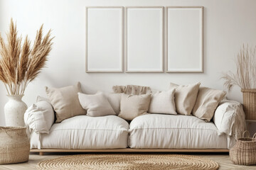 Modern Scandinavian Living Room with White Picture Frame Mockup Gallery Above Linen Sofa