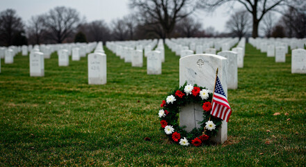 Grave marker with wreath and American flag in cemetery