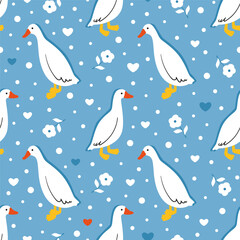 White geese in the garden. Seamless vector pattern with funny birds drawn in flat style