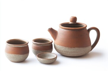 Rustic clay tea set on a simple clean white backdrop,