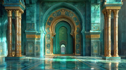 A large, ornate building with a blue and gold color scheme