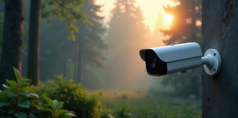 Sunrise Security Camera in a Misty Forest Setting