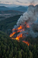 Fototapeta premium a view of a forest fire in the distance with a large plume of smoke