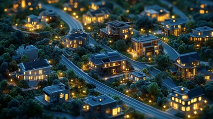 digital 3d isometric illustration of an illuminated modern eco-smart city