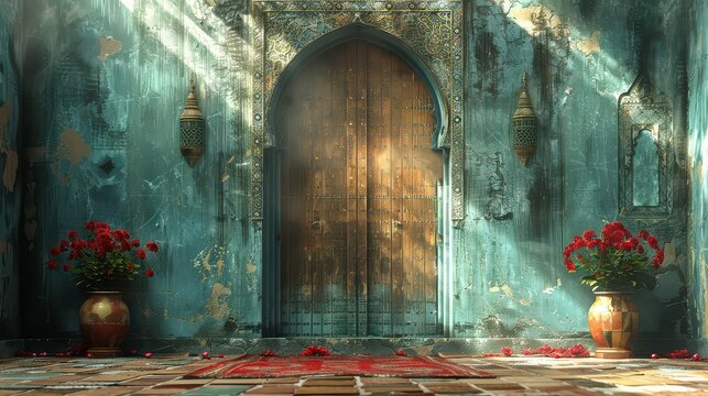 A blue room with a large archway and a door