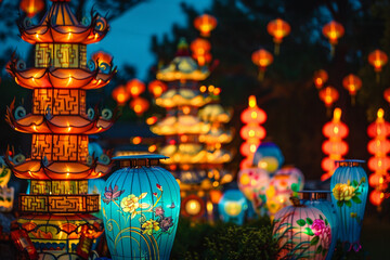 Fototapeta premium Beautiful holiday composition for happy celebrate chinese festival of lanterns, abstract vivid composition consists of fictional unreal fantastic vision on background