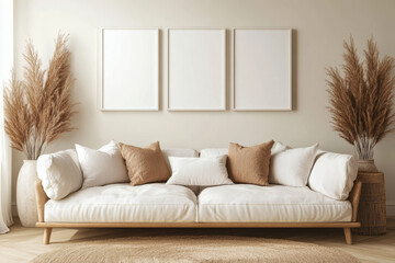 Modern Scandinavian Living Room with White Picture Frame Mockup Gallery Above Linen Sofa