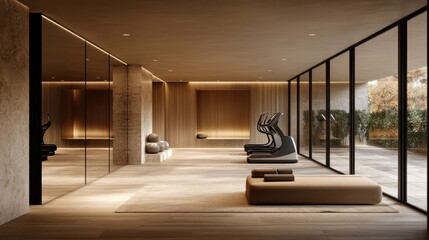 A serene and modern fitness studio with natural light and minimalist design elements for wellness and relaxation