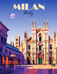 Obraz premium Milan, Italy travel destination poster in retro style. Colorful vector illustration 