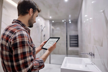 Man holding a digital tablet and examining a completed plumbing project in a large bathroom.