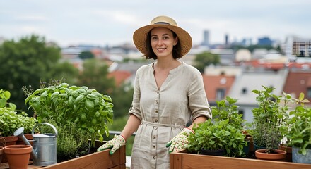 Home Gardener Caring for Herbs on a Sunny Balcony (Hobbies)
