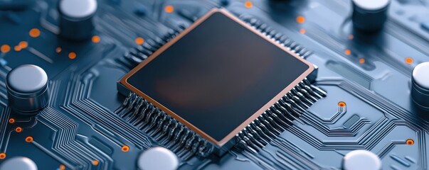 Fototapeta premium Science performance innovation assessment concept. Close-up of a microchip on a circuit board with intricate connections.