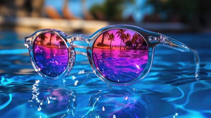 Stylish transparent sunglasses resting on a shimmering pool surface, reflecting vibrant palm trees and a serene tropical landscape.