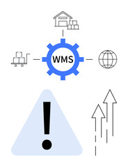 Obraz premium Blue gear labeled WMS connects warehouse, forklift, and globe. Exclamation mark signals alert. Ideal for logistics, warehouse management, supply chain, inventory control, business improvement risk