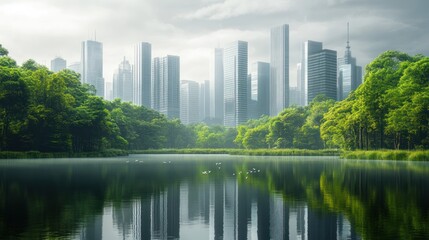 Urban park reflecting city skyline in morning mist. Possible use Stock photo for nature, city, and environment