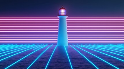 Neon Lighthouse at Night with Vibrant Light Stripes in a Surreal Digital Landscape