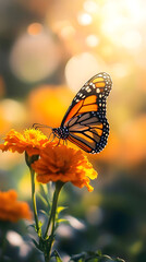 Monarch Butterfly on Marigold Flower at Golden Hour