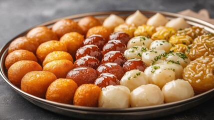 An Assortment of Colorful Indian Sweets on a Silver Plate for Celebratory Occasions and Festivals