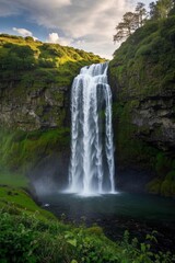 Obraz premium a large waterfall in the middle of a lush green valley