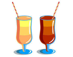Colorful summer drinks in glasses with straws featuring fruity flavors and vibrant designs enjoyed during a sunny day at the beach or poolside