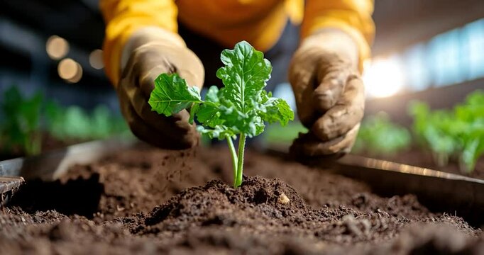 Close-up view of hands in work gloves planting a vibrant green seedling into dark brown soil.  The background is blurred, showing more seedlings and a hint of an industrial setting