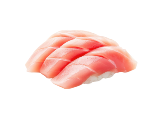 Delicate sushi slice featuring pink tuna over a bed of rice, showcasing smooth texture and vibrant color, Transparent Background.