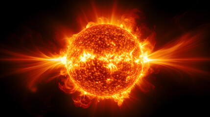 Obraz premium Powerful solar flares erupting from the sun against a dark background showcasing the intense energy and activity of our star.