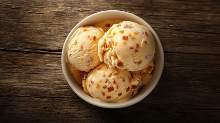 Overhead view of two scoops of butterscotch ice cream in a ceramic bowl