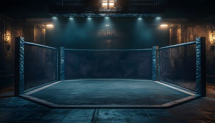 An empty, octagonal mixed martial arts cage, lit by overhead spotlights, sits in a dark, industrial-style room, promoting combat sports imagery