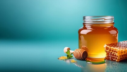 jar of mint honey on blue background with space for text