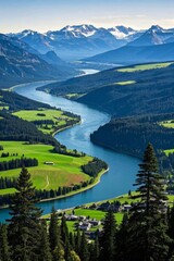 Obraz premium a view of a river running through a lush green valley