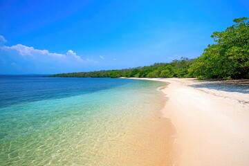 Fototapeta premium A Tranquil Paradise White Sandy Beach and Azure Waters Under a Summer Sky