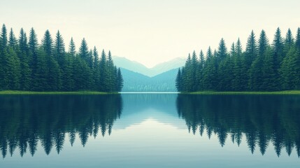 Serene Reflection of Evergreen Trees on Calm Lake Surrounded by Misty Mountains in a Tranquil Landscape