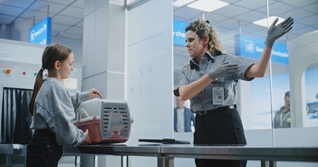 Airport Terminal: Teenage Girl with Pet at Security Checkpoint. Female Security Officer Examining...
