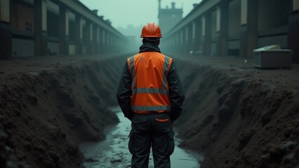 Construction Worker Inspecting Trench, Back View